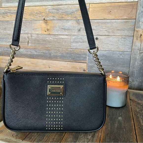 Calvin Klein Black Faux Leather Purse EUC Gold-tone details - Picture 1 of 10